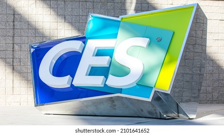 Las Vegas, NV, USA 1-5-2022: Large Logo Of CES At The Entrance Of Convention Center. Seen From Right Diagonal Angle. The Annual Event Returned To The City After Being Cancelled In 2021 Due To Covid.