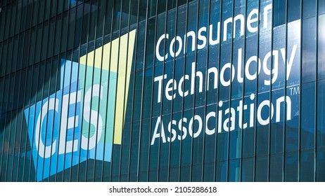 Las Vegas, NV, USA 1-5-2022: Logo of CES (Consumer Electronics Show) and Consumer Technology Association printed on exterior window of the brand new West Hall at Las Vegas Convention Center.