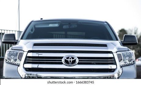 Las Vegas, NV, USA 2/7/2020 — Front view of the 2020 Toyota Tundra full size pickup truck in metallic grey. Toyota’s logo clearly visible on the front grill.