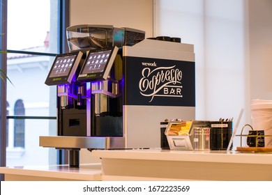 Las Vegas, NV, USA 3/12/2020 — Eversys Espresso Machine At The Lobby Counter Of Wework Shared Office Location In Town Square. This High End Coffee Maker Model Costs A Whooping $25,000.