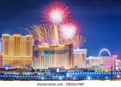 Las Vegas, NV, USA 7-4-2021: The Entire Las Vegas Strip Hosts A Synchronized Fireworks Show Twice A Year: Fourth Of July And New Year’s Eve. Notable Mega Casino Properties Participate In The Events.