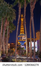 Las Vegas, NV, USA - Dec 13-2018 - Night View Of The Eifel Tower At Las Vegas