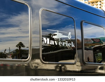 LAS VEGAS, NV, USA - FEBRUARY 2019: Logo Of Maverick Helicopters On The Side Of A Shuttle Bus In Las Vegas