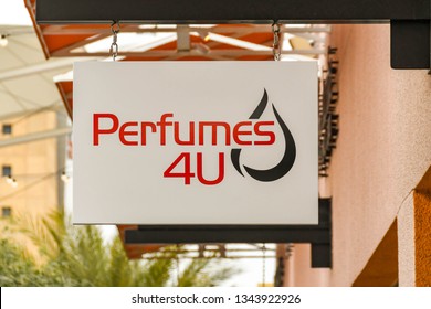 LAS VEGAS, NV, USA - FEBRUARY 2019: Sign above the entrance to the Perfumes 4U store in the Premium Outlets north in Las Vegas.