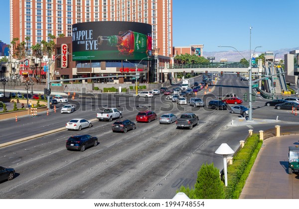Las Vegas, NV, USA – June 8, 2021: The\
intersection of Las Vegas Boulevard and Sands Avenue during a\
morning commute in Las Vegas,\
Nevada.