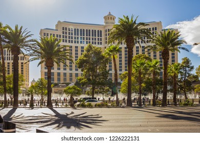 LAS VEGAS, NV, USA - September 12, 2018: Downtown, Las Vegas Strip, Fountains Near Hotel-casino Bellagio, Daytime.