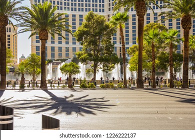 LAS VEGAS, NV, USA - September 12, 2018: Downtown, Las Vegas Strip, Fountains Near Hotel-casino Bellagio, Daytime.