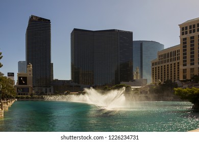 LAS VEGAS, NV, USA - September 12, 2018: Downtown, Las Vegas Strip, Fountains Near Hotel-casino Bellagio, Daytime.