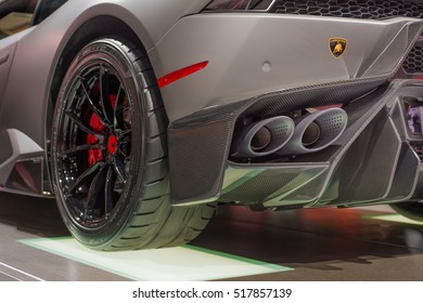 LAS VEGAS, NV/USA - NOVEMBER 1, 2016: Close Up Of A Lamborghini Dual Exhaust System At The Specialty Equipment Market Association (SEMA) 50th Anniversary Auto Trade Show.