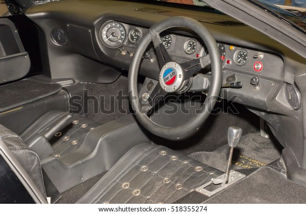 LAS\
VEGAS, NV/USA - NOVEMBER 2, 2016: 1960s Ford GT40 racecar right\
hand drive interior and dashboard at the Specialty Equipment Market\
Association (SEMA) 50th Anniversary auto trade\
show.