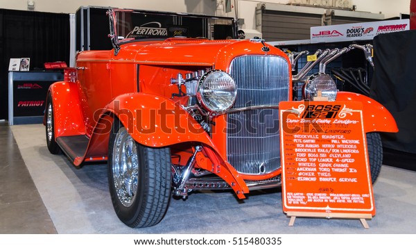 LAS VEGAS, NV/USA - NOVEMBER 3, 2016: Customized\
1952 Ford roadster pickup at the Specialty Equipment Market\
Association (SEMA) 50th Anniversary auto trade show. Name: Boss 32\
Builder: Don Lindfors