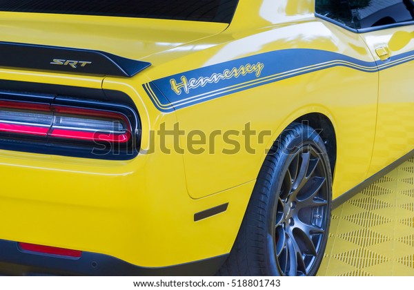 LAS VEGAS, NV/USA - NOVEMBER 4, 2016: Dodge\
Challenger SRT Hellcat car at the Specialty Equipment Market\
Association (SEMA) 50th Anniversary auto trade show. Builder:\
Hennessey Performance