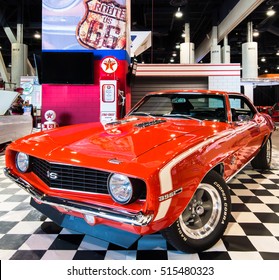 LAS VEGAS, NV/USA - OCTOBER 31, 2016: Customized Chevrolet Camaro SS car with Route 66 and Texaco theme at the Specialty Equipment Market Association (SEMA) 50th Anniversary auto trade show.