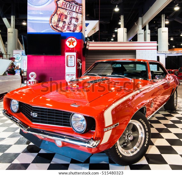 LAS VEGAS, NV/USA - OCTOBER 31, 2016: Customized\
Chevrolet Camaro SS car with Route 66 and Texaco theme at the\
Specialty Equipment Market Association (SEMA) 50th Anniversary auto\
trade show.