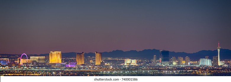 LAS VEGAS, NV/USA - September 24, 2017: Skyline View At Twilight Of The Famous Las Vegas Strip, With Mountains Silhouetted In The Background.