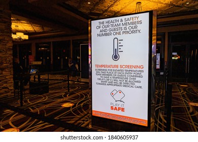 Las Vegas, OCT 13, 2020 - Temperature Screening Sign In The Santa Fe Station Hotel And Casino