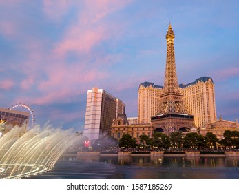 Las Vegas, SEP 25: Sunset View Of The Paris Casino With Eiffel Tower And Water Dance Performance On SEP 25, 2019 At Las Vegas, Nevada