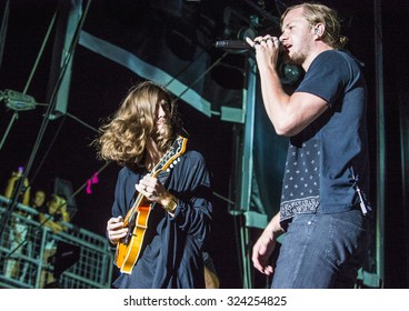 LAS VEGAS - SEP 26 : Musicians Daniel Wayne Sermon (L) And Dan Reynolds Of Imagine Dragons Perform On Stage At The 2015 Life Is Beautiful Festival On September 26, 2015 In Las Vegas, Nevada.