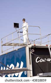 LAS VEGAS - SEPTEMBER 26:  NASCAR Driver, Colin Braun Stands On His Race Trailer To Watch Qualifying For The Sept. 26, 2009 Las Vegas 350.