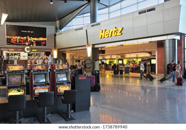 LAS VEGAS, USA - APRIL\
13, 2014: Hertz car rental airport office in Las Vegas. Hertz is\
one of largest car rental companies. It was founded in 1918 and\
employs 29,350 people.