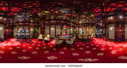 LAS VEGAS, USA - APRIL, 2017: full seamless hdri panorama 360 degrees angle view in interior russian elite luxury vip casino in red style in equirectangular spherical projection. VR content