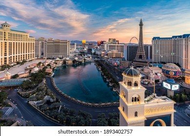 LAS VEGAS, USA - CIRCA JANUARY 2021: Wide angle view of the Las Vegas Strip and city skyline at sunrise, Nevada, USA