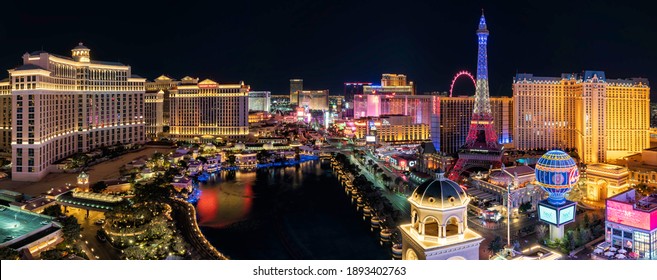 LAS VEGAS, USA - CIRCA JANUARY 2021: Panorama wide angle view of the Las Vegas Strip and city skyline at night, Nevada, USA