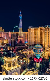 LAS VEGAS, USA - CIRCA JANUARY 2021: Illuminated hotels and casinos by the strip at night, Nevada, USA