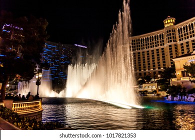 LAS VEGAS, USA - DECEMBER 19: Fountains of Bellagio on Dec 19, 2017 in Las Vegas.  Evening view of the Fountains of Bellagio - one of the most beautiful and largest singing fountains in the world.