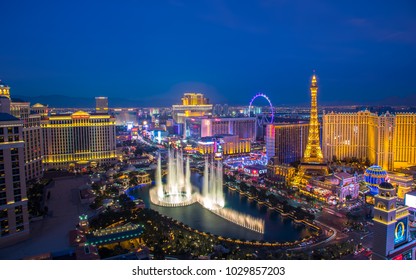Las Vegas, USA - January 02, 2018: Illuminated view Bellagio Hotel fountains and Las Vegas strip