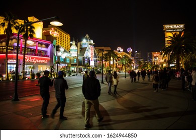 Las Vegas, USA - January 2016 : Tourists walking on the Las Vegas Strip at night