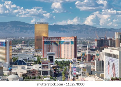 LAS VEGAS, USA - JULY 24, 2018: Las Vegas Strip Skyline At Summer Sunny Day On July 24, 2018 In Las Vegas Strip, USA. The Strip Is Home To The Largest Hotels And Casinos In The World.