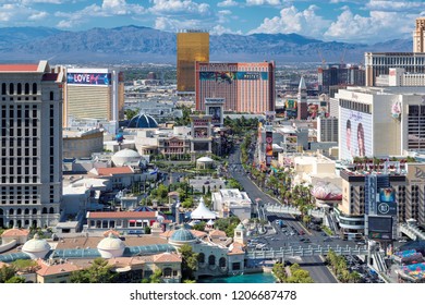 LAS VEGAS, USA - JULY 24, 2018: Las Vegas Strip Skyline At Daytime On July 24, 2018 In Las Vegas, USA. The Strip Is Home To The Largest Hotels And Casinos In The World.