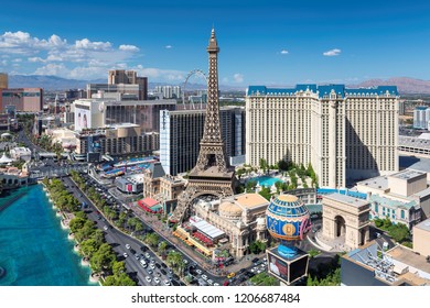 LAS VEGAS, USA - JULY 24, 2018: Las Vegas Strip Skyline At Daytime On July 24, 2018 In Las Vegas, USA. The Strip Is Home To The Largest Hotels And Casinos In The World.