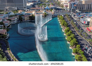 LAS VEGAS, USA - July 24, 2017: Musical fountains at Bellagio Hotel & Casino on July 24, 2017 in Las Vegas, USA. Fountains of Bellagio is a large dancing water fountain synchronized to music.