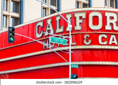 Las Vegas,  USA - March 10, 2019: Signage 1st Street In Las Vegas At The Old Part Of The Casino Mile With California Hotel And Casino In Background.