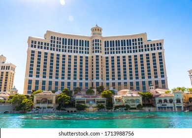 LAS VEGAS, USA - MARCH 29, 2020: Bellagio Hotel and Casino and Fountains of Bellagio in Las Vegas, Nevada, USA