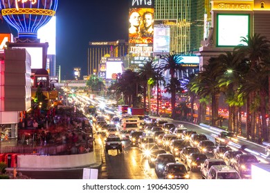 LAS VEGAS, USA - MARCH 29, 2020: Car light trails on the strip at night in Las Vegas, Nevada, USA