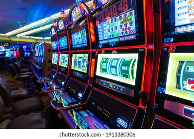 LAS VEGAS, USA - MARCH 29, 2020: Casino slot machine in Caesars Palace Las Vegas Hotel and Casino in Las Vegas, Nevada, USA