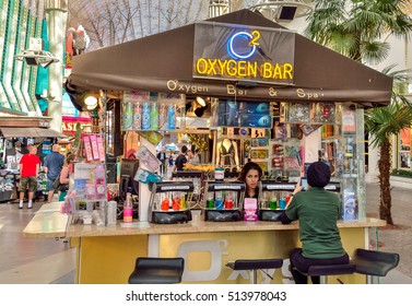 Las Vegas, USA - May 9, 2014: Oxygen bar with people on Fremont strip in old town