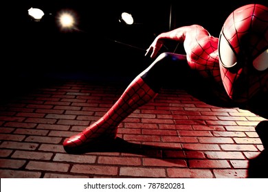 LAS VEGAS, USA - Oct 10, 2017: Close up Statue of Spiderman at Madame Tussauds museum in Las Vegas.Avengers EndGame.