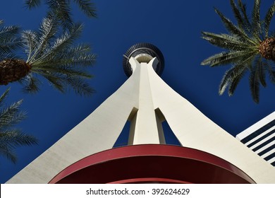 LAS VEGAS, USA - OCTOBER 11, 2015: The Stratosphere Hotel And Casino View From Ground Level. At 1,149 Feet High, It Is The Tallest Structure West Of The Mississippi River In The United States.