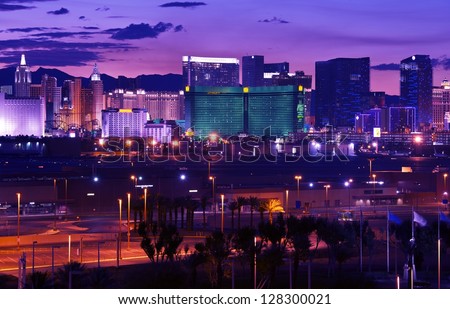 Las Vegas - Vages Strip at Night Panorama. Famous Cities Photo Collection. Las Vegas, Nevada, USA.