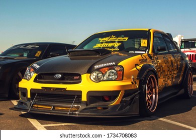 Las Vegas, Year 2017: Front View Of A Tuned Subaru Impreza WRX. Sports Body Kit, Accessories, Spoiler, Skirts, Fender, Fiber Carbon Hood. JDM Car.