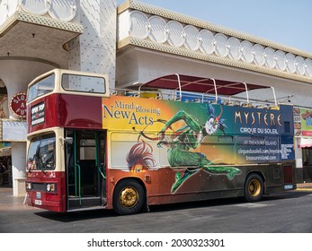 LAS VEGAS.NEVADA, USA - JUNE O3, 2013:  Open Top City Tour Bus Advertising Cirque Du Soleil Mystere Show