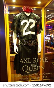 Las Vegas,NV/USA - 31 Oct,2014 : Music Memories Behind The Glass At Hard Rock Hotel Las Vegas.Display Of AXL ROSE And Queen Used Freddie Mercury Tribute Concert Wembly Stadium 1992 Memories.