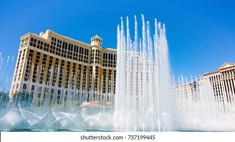 Las Vegas,NV,USA - Oct 10,2017: Fountains of Bellagio in Las Vegas. Fountains of Bellagio, which have featured in several movies, is a large dancing water fountain synchronized to music.