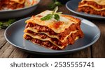 Lasagna alla Bolognese: A rich, layered dish featuring sheets of pasta, Bolognese meat sauce, b�chamel, and Parmesan cheese, baked until bubbly and golden.