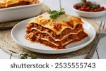 Lasagna alla Bolognese: A rich, layered dish featuring sheets of pasta, Bolognese meat sauce, b�chamel, and Parmesan cheese, baked until bubbly and golden.