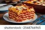 Lasagna: Italian pasta dish layered with meat sauce, béchamel, and cheese, baked until golden.
